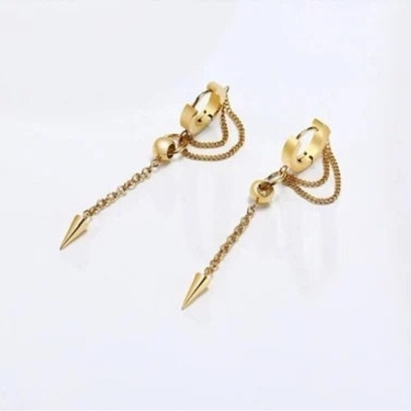 Stainless Steel Cross Double Chain Huggie Hoops Earring Pair for Mens Earrings - Picture 4 of 6